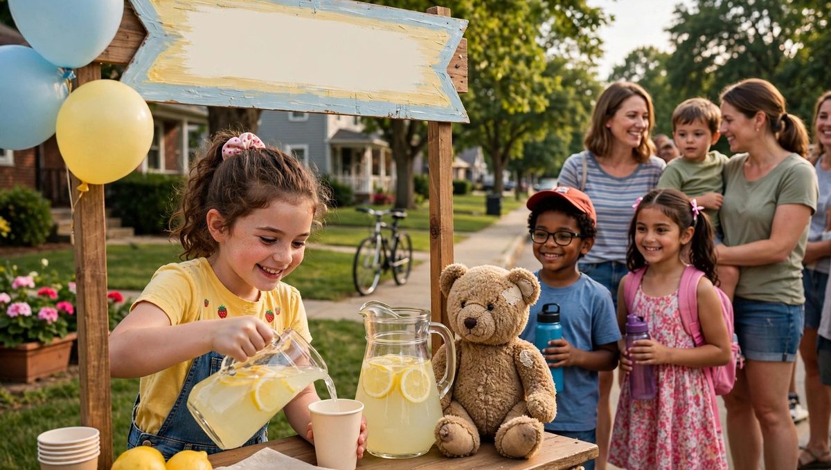 Illustration of a smiling girl pouring lemonade at a neighborhood lemonade stand with a teddy bear on the table and neighbors lined up