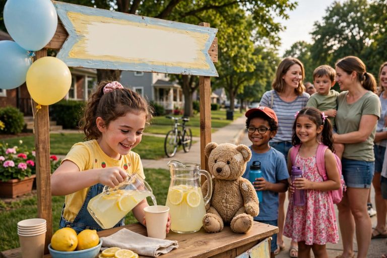 Illustration of a smiling girl pouring lemonade at a neighborhood lemonade stand with a teddy bear on the table and neighbors lined up