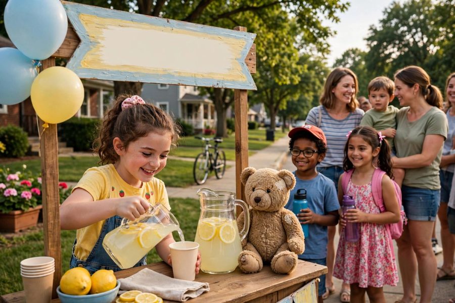 Illustration of a smiling girl pouring lemonade at a neighborhood lemonade stand with a teddy bear on the table and neighbors lined up