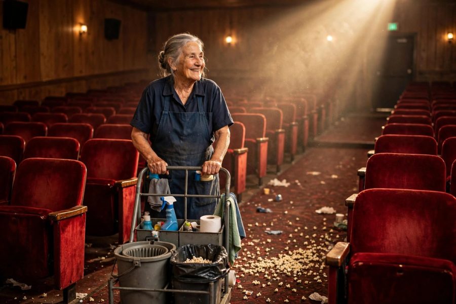 Illustration of a smiling elderly theater worker pushing a cleaning cart through a warmly lit movie theater