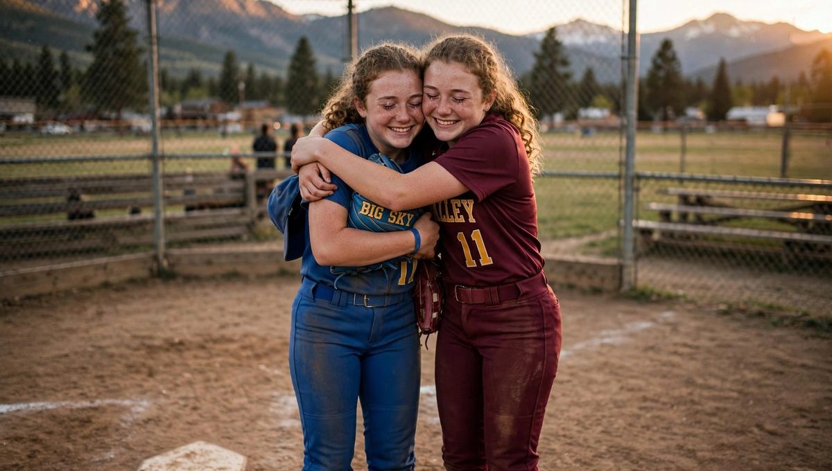Illustration of two look-alike teenage softball players hugging on a Montana softball field