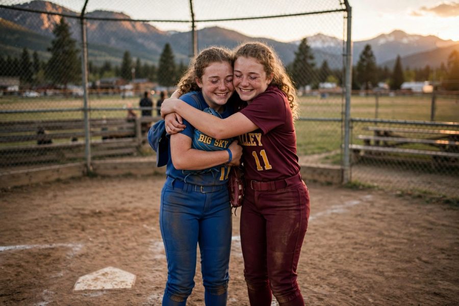 Illustration of two look-alike teenage softball players hugging on a Montana softball field